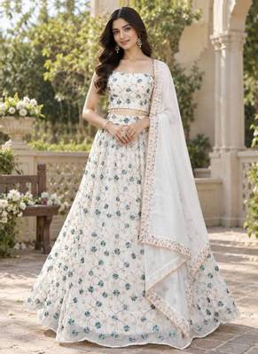 Women's White Tube Beads Multi Sequin Embroidery Work Lehenga Choli 1