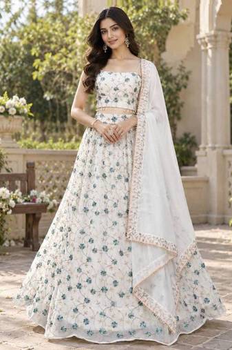Women's White Tube Beads Multi Sequin Embroidery Work Lehenga Choli