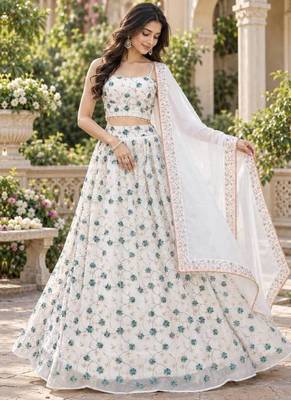 Women's White Tube Beads Multi Sequin Embroidery Work Lehenga Choli 2