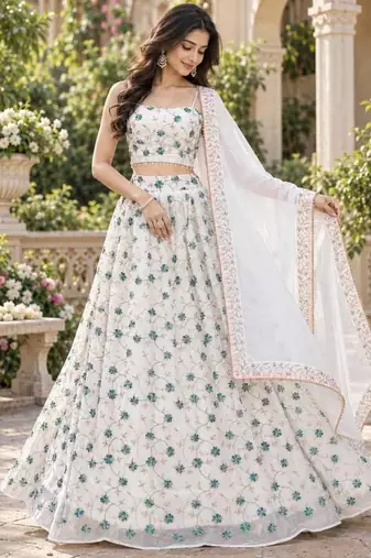 Women's White Tube Beads Multi Sequin Embroidery Work Lehenga Choli