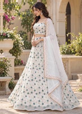 Women's White Tube Beads Multi Sequin Embroidery Work Lehenga Choli 3
