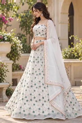 Women's White Tube Beads Multi Sequin Embroidery Work Lehenga Choli