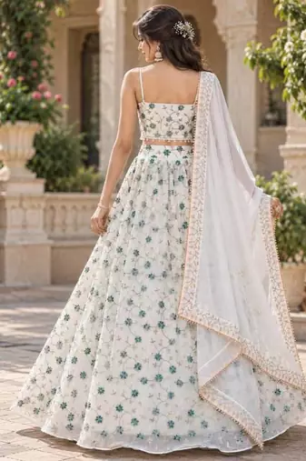 Women's White Tube Beads Multi Sequin Embroidery Work Lehenga Choli