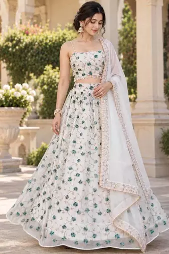 Women's White Tube Beads Multi Sequin Embroidery Work Lehenga Choli