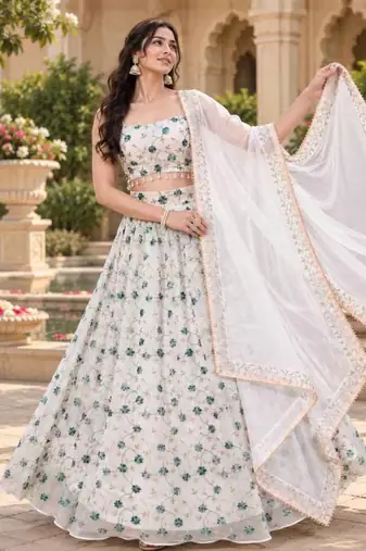 Women's White Tube Beads Multi Sequin Embroidery Work Lehenga Choli
