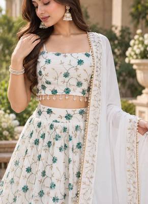 Women's White Tube Beads Multi Sequin Embroidery Work Lehenga Choli 7