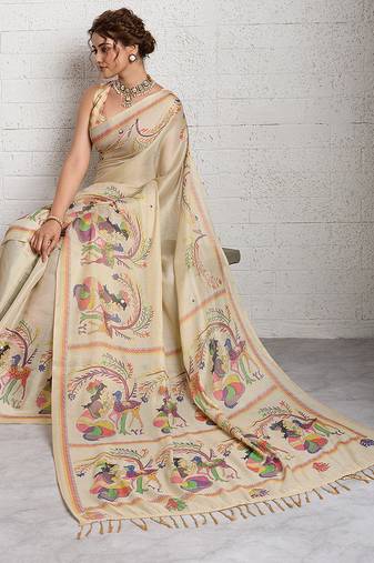 Cream jari embroidery mirror work linan saree with blouse