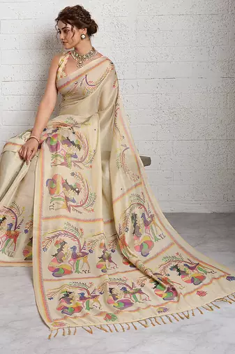 Cream jari embroidery mirror work linan saree with blouse