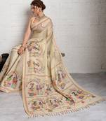 Cream jari embroidery mirror work linan saree with blouse
