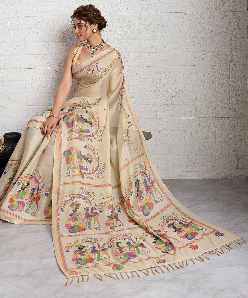 Cream jari embroidery mirror work linan saree with blouse