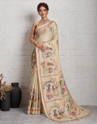 Cream jari embroidery mirror work linan saree with blouse 2