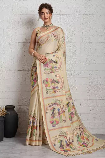 Cream jari embroidery mirror work linan saree with blouse