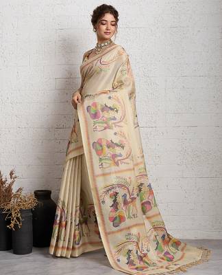 Cream jari embroidery mirror work linan saree with blouse 3
