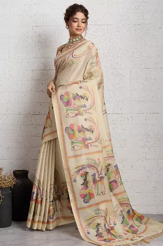 Cream jari embroidery mirror work linan saree with blouse