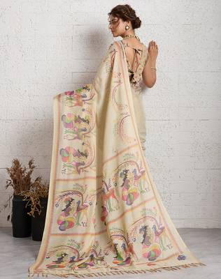 Cream jari embroidery mirror work linan saree with blouse 4