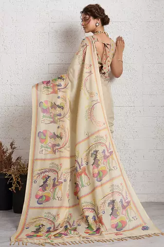 Cream jari embroidery mirror work linan saree with blouse