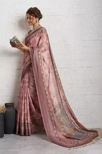Dark pink jari embroidery mirror work linan saree with blouse