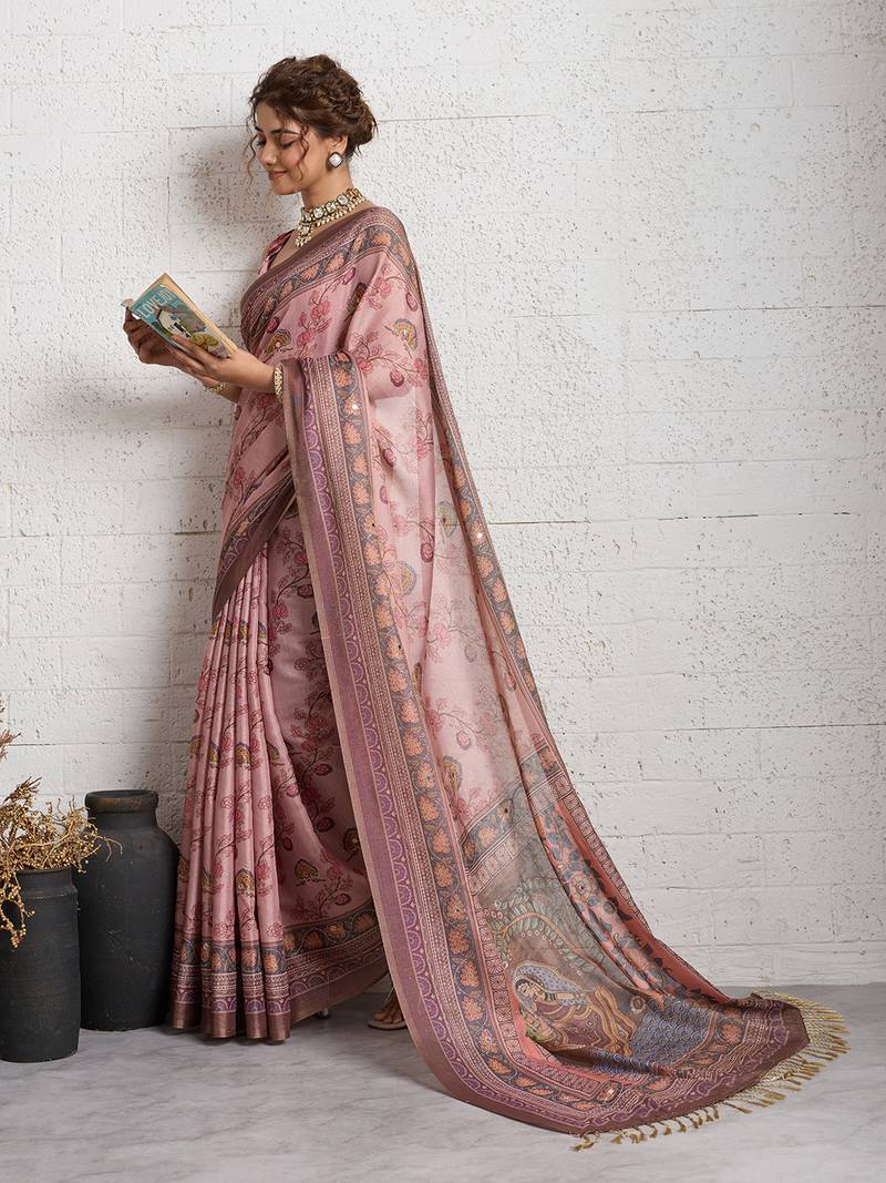 Dark pink jari embroidery mirror work linan saree with blouse
