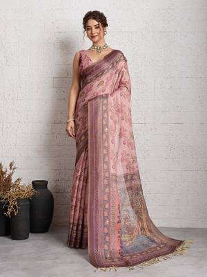 Dark pink jari embroidery mirror work linan saree with blouse 2