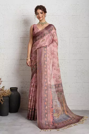Dark pink jari embroidery mirror work linan saree with blouse