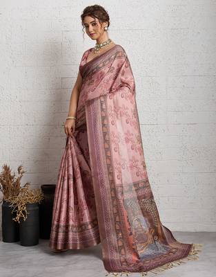 Dark pink jari embroidery mirror work linan saree with blouse 3