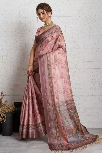 Dark pink jari embroidery mirror work linan saree with blouse