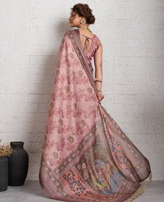 Dark pink jari embroidery mirror work linan saree with blouse 4