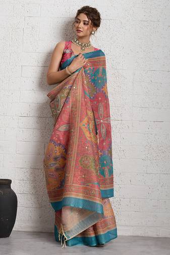 Pink jari embroidery mirror work linan saree with blouse
