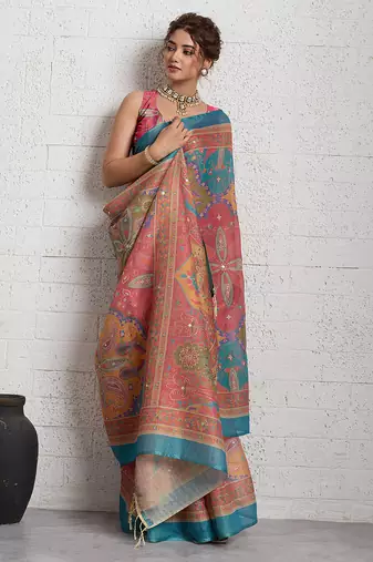Pink jari embroidery mirror work linan saree with blouse