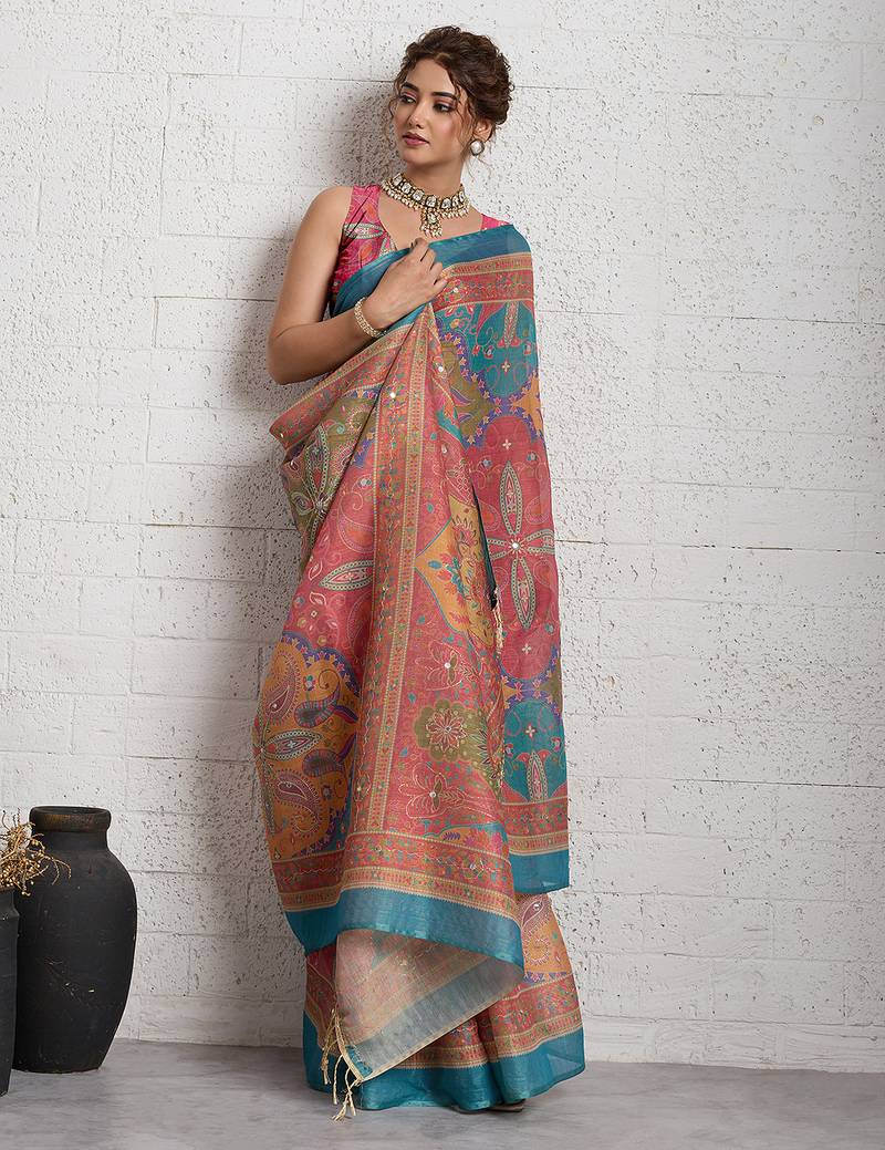 Pink jari embroidery mirror work linan saree with blouse