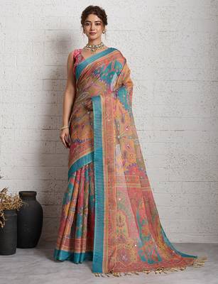 Pink jari embroidery mirror work linan saree with blouse 2