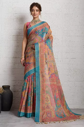 Pink jari embroidery mirror work linan saree with blouse