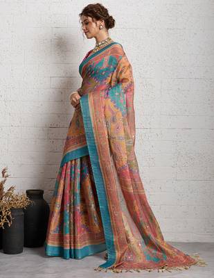 Pink jari embroidery mirror work linan saree with blouse 3
