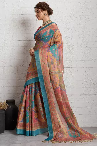 Pink jari embroidery mirror work linan saree with blouse