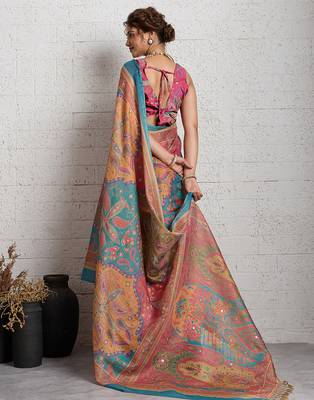 Pink jari embroidery mirror work linan saree with blouse 4