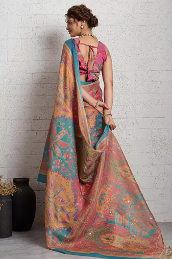 Pink jari embroidery mirror work linan saree with blouse
