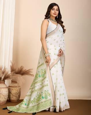 Green printed semi cotton saree with blouse 1