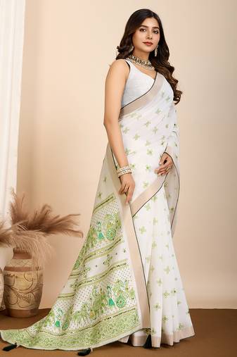 Green printed semi cotton saree with blouse
