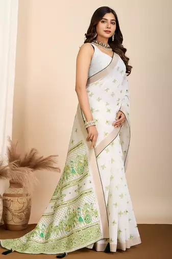 Green printed semi cotton saree with blouse