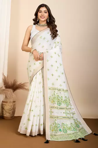 Green printed semi cotton saree with blouse