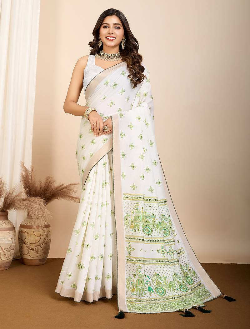 Green printed semi cotton saree with blouse