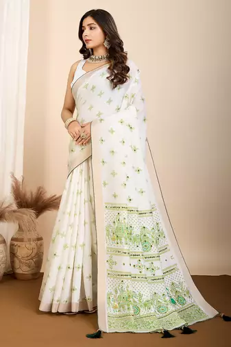 Green printed semi cotton saree with blouse