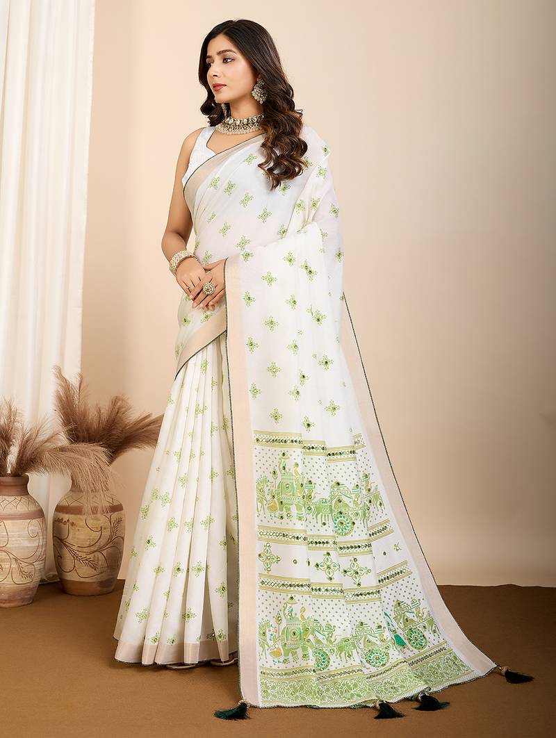 Green printed semi cotton saree with blouse