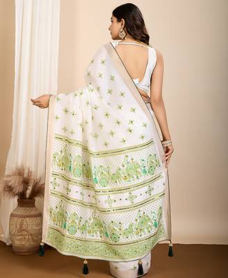 Green printed semi cotton saree with blouse 4