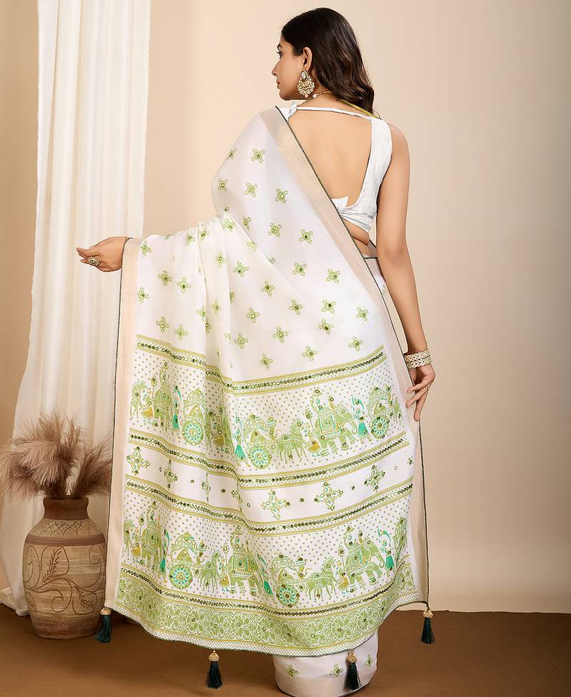 Green printed semi cotton saree with blouse
