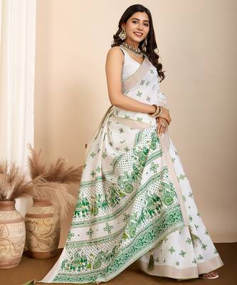 Dark green printed semi cotton saree with blouse 1