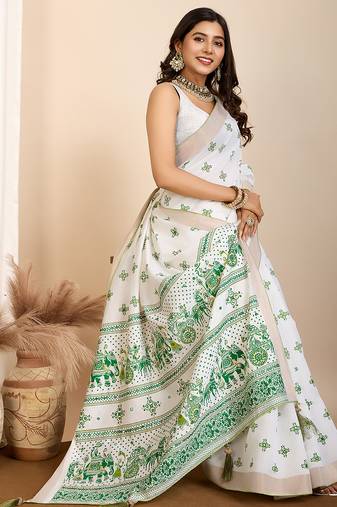Dark green printed semi cotton saree with blouse