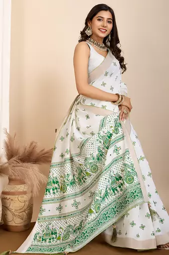 Dark green printed semi cotton saree with blouse