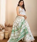 Dark green printed semi cotton saree with blouse