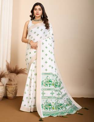 Dark green printed semi cotton saree with blouse 2